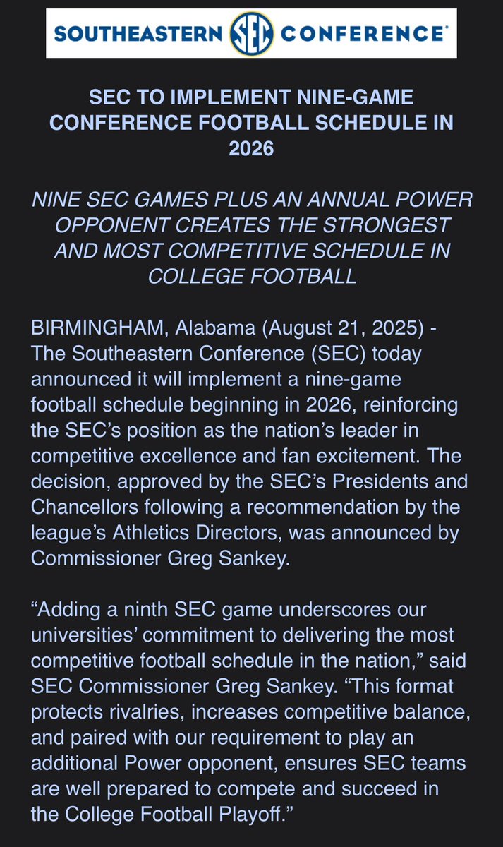 The @sec announces a 9-game conference football schedule for 2026