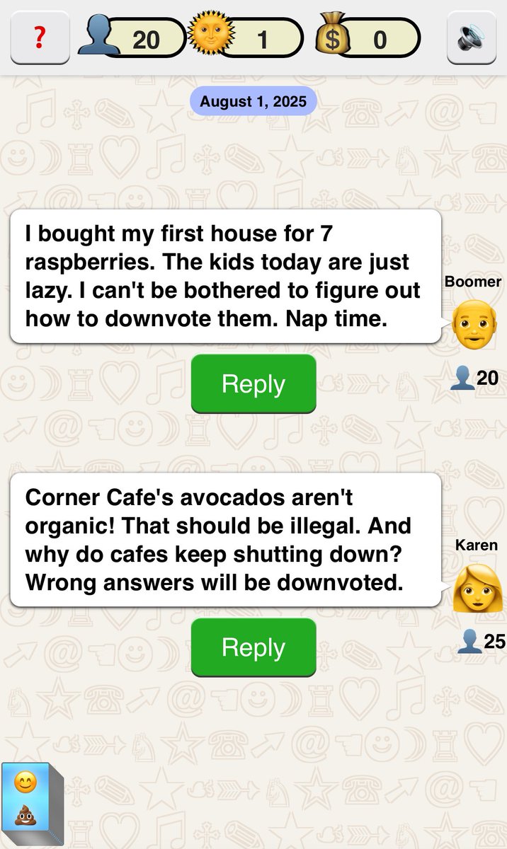 curtastic's tweet photo. #js13k Day 7: the feed screen showing different enemy types to choose from. Boomer with start the battle asleep, and never downvote your posts. Karen with mostly downvote ??? https://t.co/zm3i06RJgg