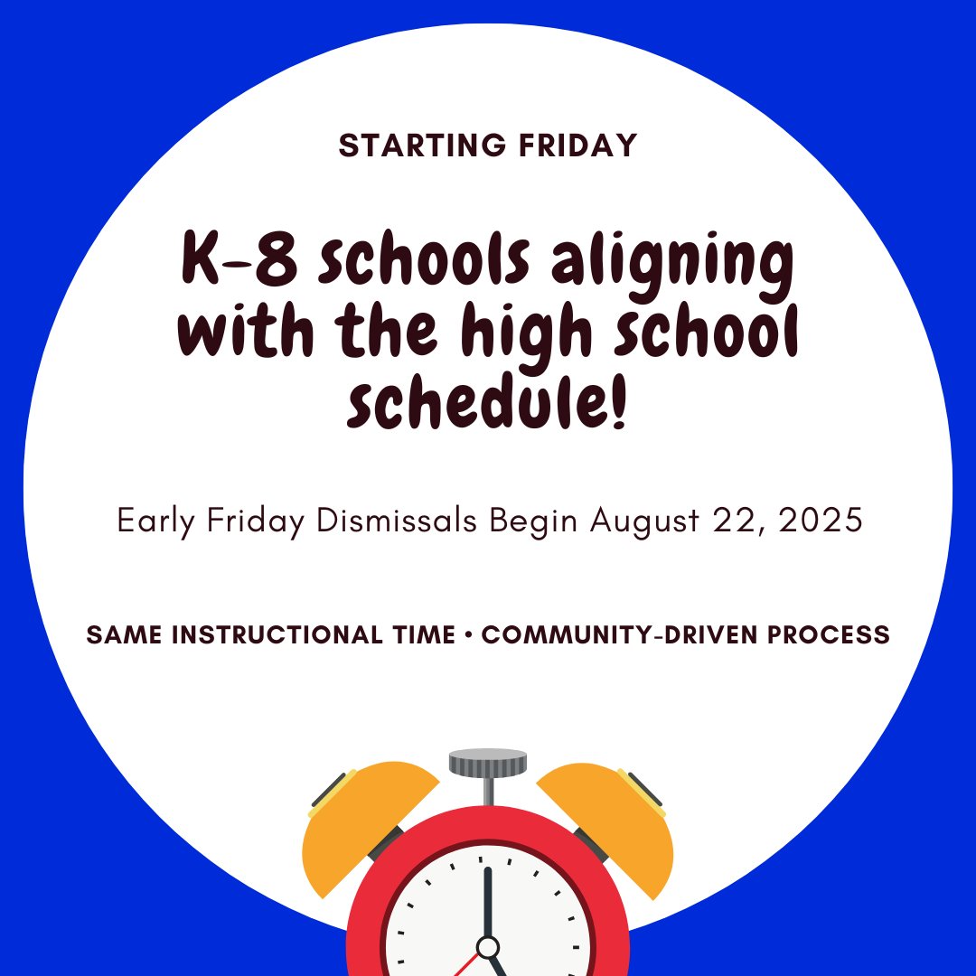📅 This Friday, August 22nd, all K-8 schools will begin the new early dismissal schedule, aligning with our high school.
⏰ Check the new bell schedules: bit.ly/4mykkGh.
🚌Check out the bus route times: bit.ly/4fCRGlq.
#CCSD1 #EarlyFriday #BackToSchool