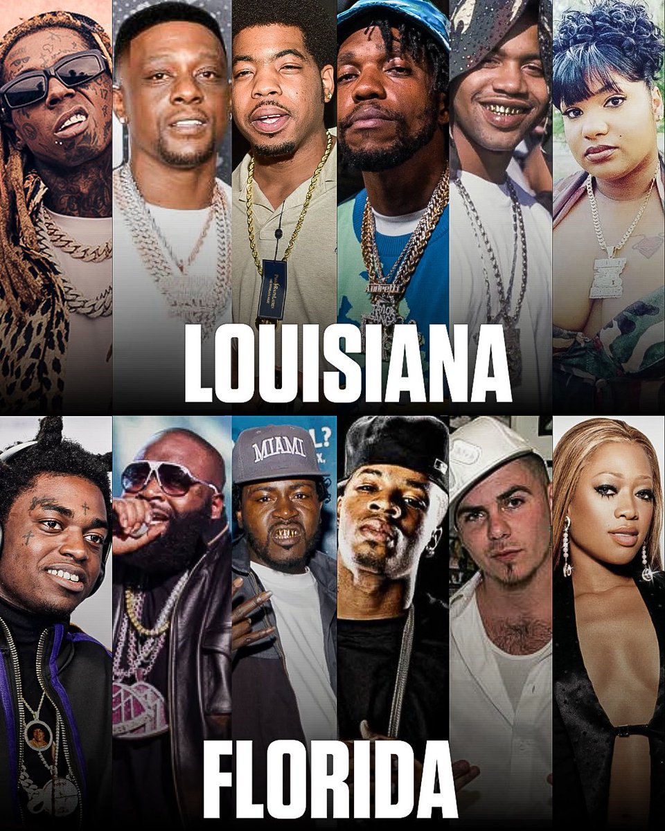 Louisiana Vs Florida, Who You Got? 

⚜️Louisiana: Wayne, Boosie, Webbie, Currensy, Juvie, Mia X

🐊Florida: Kodak, Rick Ross, Trick Daddy, Plies, Pitbull, Trina