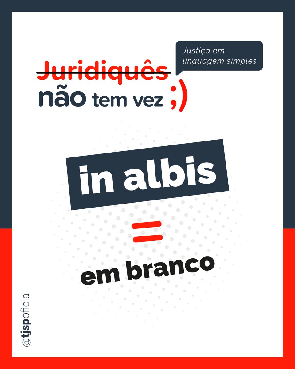 TJSPoficial's tweet photo. Você sabe o que significa o termo “in albis”?
Aqui, o juridiquês não tem vez. Segue a gente para mais dicas de linguagem simples!
#LinguagemSimples #JuridiquêsNãoTemVez #InAlbis #TJSPPorPessoas #TJSPParaPessoas #RedesSociais #SocialMedia #MídiasSociais https://t.co/OGTBcHO2b2