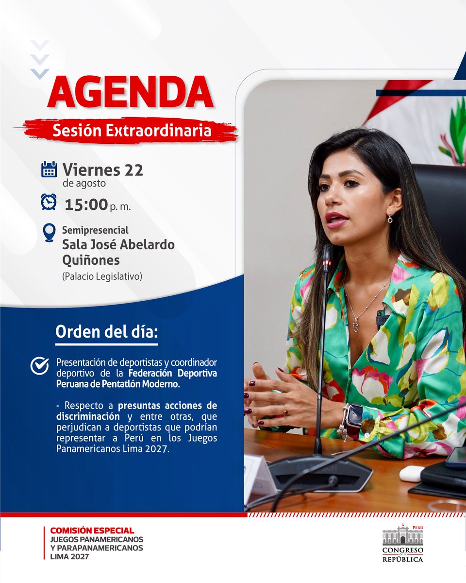 📌 Conoce la agenda de nuestra sesión extraordinaria, que preside la congresista <a href="/dianagonzalesd_/">Diana Gonzales Delgado</a>, y contará con la presentación de deportistas y el coordinador deportivo de la Federación Peruana de Pentatlón Moderno.