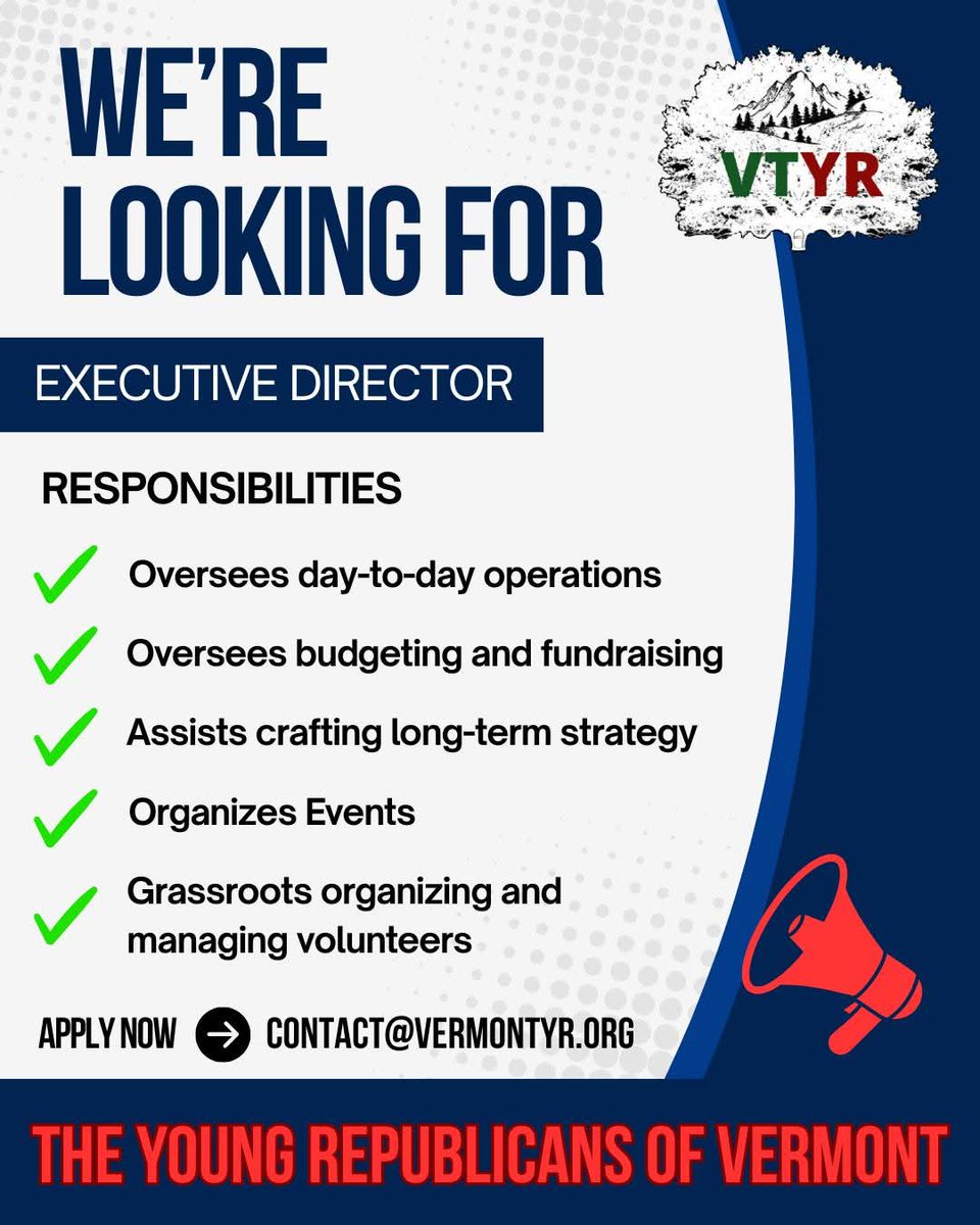 We are looking for a highly driven young Vermonter to fill the vacancy of Executive Director on our leadership team! Apply ➡️ contact@vermontyr.org