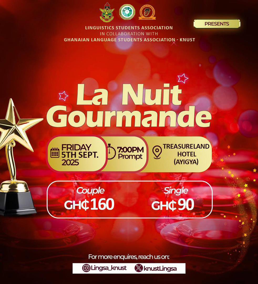 KnustLingsa's tweet photo. ✨ LINGSA x GLASA Dinner & Awards Night ✨
Step into an evening of elegance, connection, and celebration 🥂🌟. This is more than just a dinner — it’s a night to honor achievements, share laughter, create memories, and dance the night away. 💃🏽🕺🏽@glasa_knust
#LINGSA #GLASA https://t.co/Wrum8HHywJ