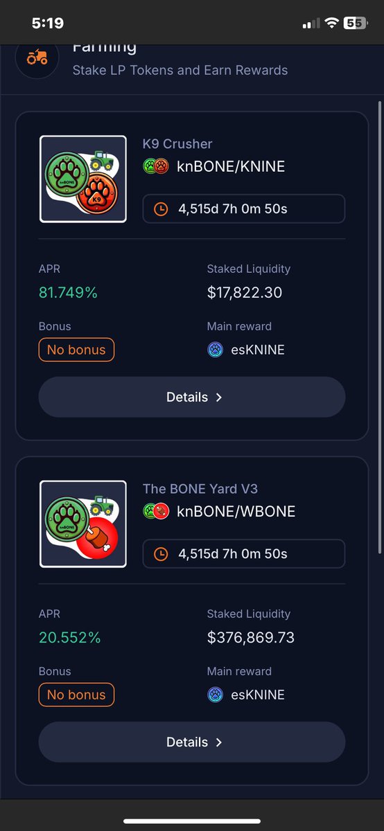 The 2 new lp farms in BoneCrusher are up and running. 

knBONE/KNINE currently at 81% APR. 

knBONE/WBONE currently at 20% APR. 🤯🔥🔥