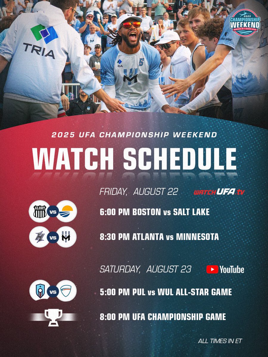 🏆🏟️🥏

It’s showtime in the “Capital City Of Frisbee” as Atlanta, Boston, Minnesota, and Salt Lake prepare to battle for the 2025 UFA title. AND on Saturday, the first-ever @wuleague + @premierultimateleague All-Star Game 🌟

Championship Weekend
📺 watchUFA TV + YouTube