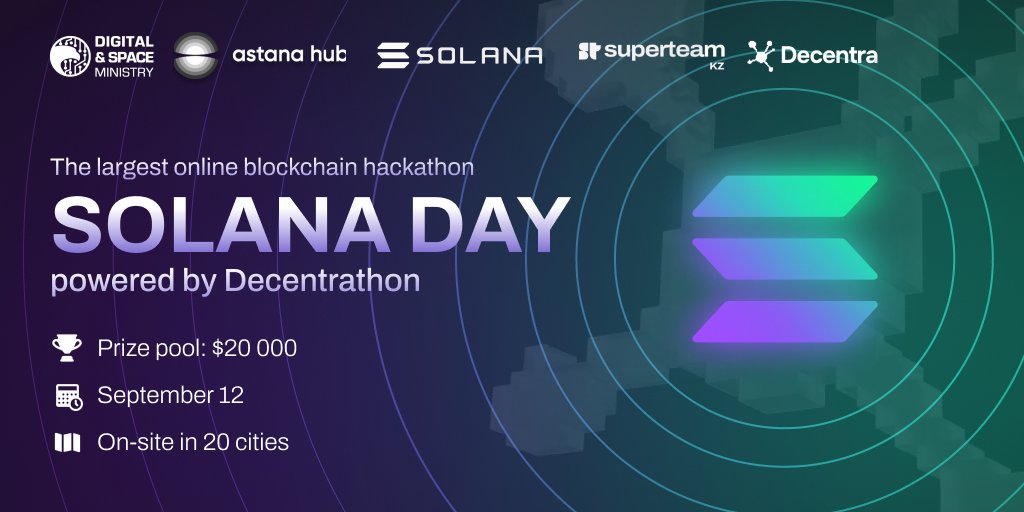 SuperteamKZ's tweet image. ⚡ The Largest Solana Hackathon in the region ⚡
 #SolanaDay — powered by Decentrathon 🚀
📅 September 12 | Online + On-site in 20 cities
🚀 Build. Compete. Go global.
👉 Register now: twi.kz/7FB5Q