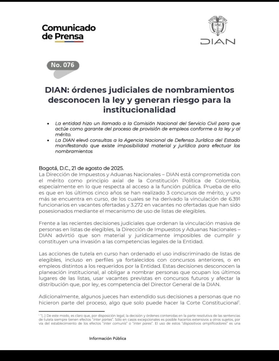 pa26675's tweet photo. 🙄DIAN: órdenes judiciales de nombramientos
desconocen la ley y generan riesgo para la
institucionalidad. https://t.co/ZYiJfoqoGP