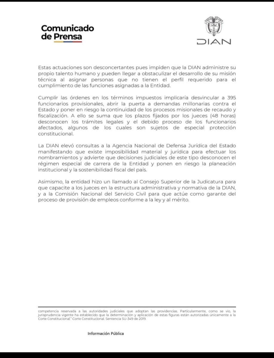 pa26675's tweet photo. 🙄DIAN: órdenes judiciales de nombramientos
desconocen la ley y generan riesgo para la
institucionalidad. https://t.co/ZYiJfoqoGP