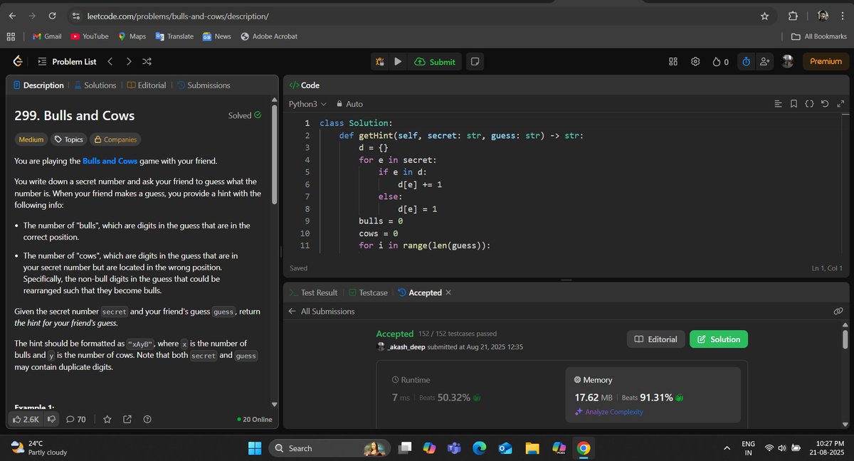 _deep_star's tweet photo. Hello All, I have completed #Day597 of #365DaysofCode Challenge with @scaler_official
Question: Bulls and Cows
discord link: https://t.co/KZjzYqsjPH
#letsconnect #scalerdiscordcommunity #codewithscaler #365daysofcodescaler #365DaysofCode https://t.co/vqp9OVqEz7