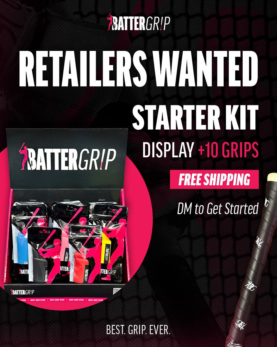 BatterGrip's tweet photo. We’re excited to introduce the BatterGrip Starter Kit – a simple and affordable way to upgrade your shop or facility with the #1 bat grip players are talking about, you’ll get:✅ 10 BatterGrips ✅ Countertop Display to help showcase the product✅ Free Shipping https://t.co/eLChhPy6Sq
