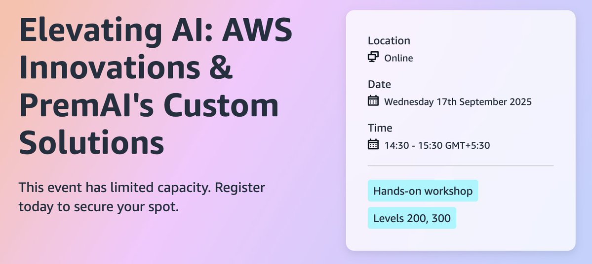 Prem (@premai_io) on Twitter photo For the teams stuck between “pilot” and “production” AI Agents:
Next month, we're doing a webinar with <a href="/awscloud/">Amazon Web Services</a> where we’ll show how Prem Studio ships sovereign AI on AWS - inside your VPC, with evals you can defend and costs you can explain
RSVP link below 👇 For the teams stuck between “pilot” and “production” AI Agents:
Next month, we're doing a webinar with <a href="/awscloud/">Amazon Web Services</a> where we’ll show how Prem Studio ships sovereign AI on AWS - inside your VPC, with evals you can defend and costs you can explain
RSVP link below 👇