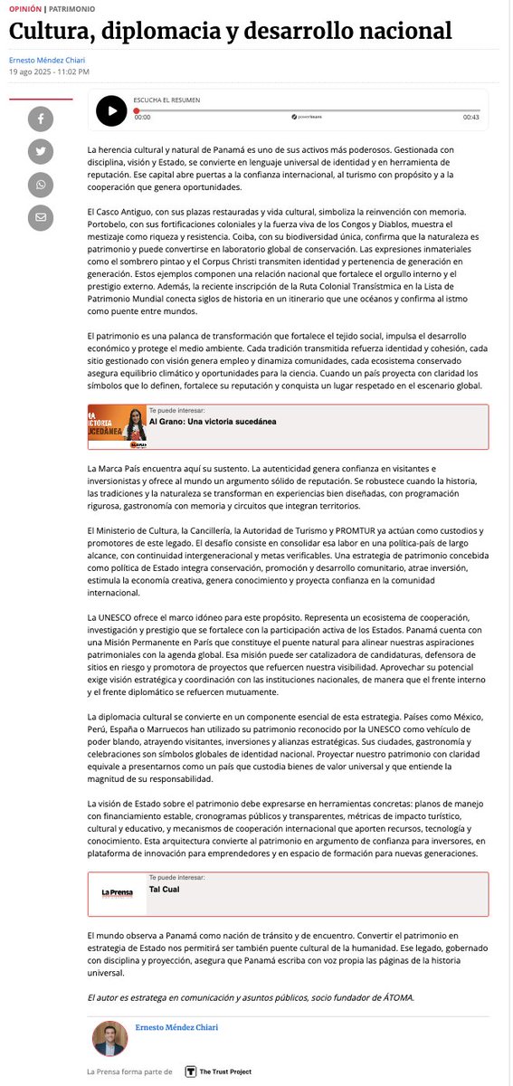 Casco Antiguo, Portobelo, Coiba, el sombrero pintao y el Corpus Christi. Cada uno habla de quiénes somos. Gestionados con visión, son desarrollo, identidad y reputación para Panamá en el mundo.

Mi columna en <a href="/prensacom/">La Prensa Panamá</a> prensa.com/opinion/cultur…

Léela aquí ernestomendezchiari.medium.com/cultura-diplom…