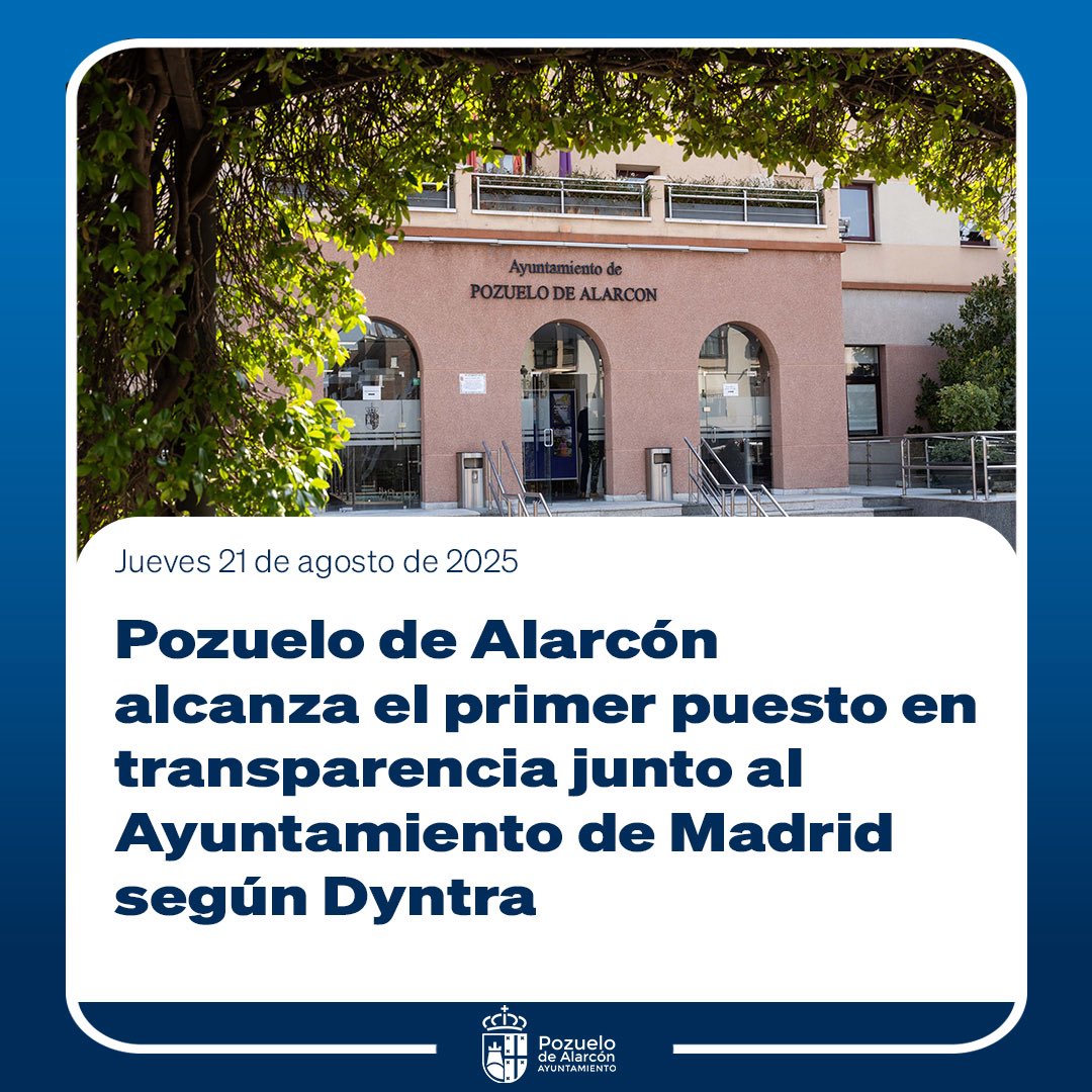 📊 Pozuelo de Alarcón alcanza el 1º puesto en transparencia en la Comunidad de Madrid, según Dyntra.
✅ 93,21% de indicadores cumplidos
🙌 Compromiso firme con la #Transparencia y el #BuenGobierno