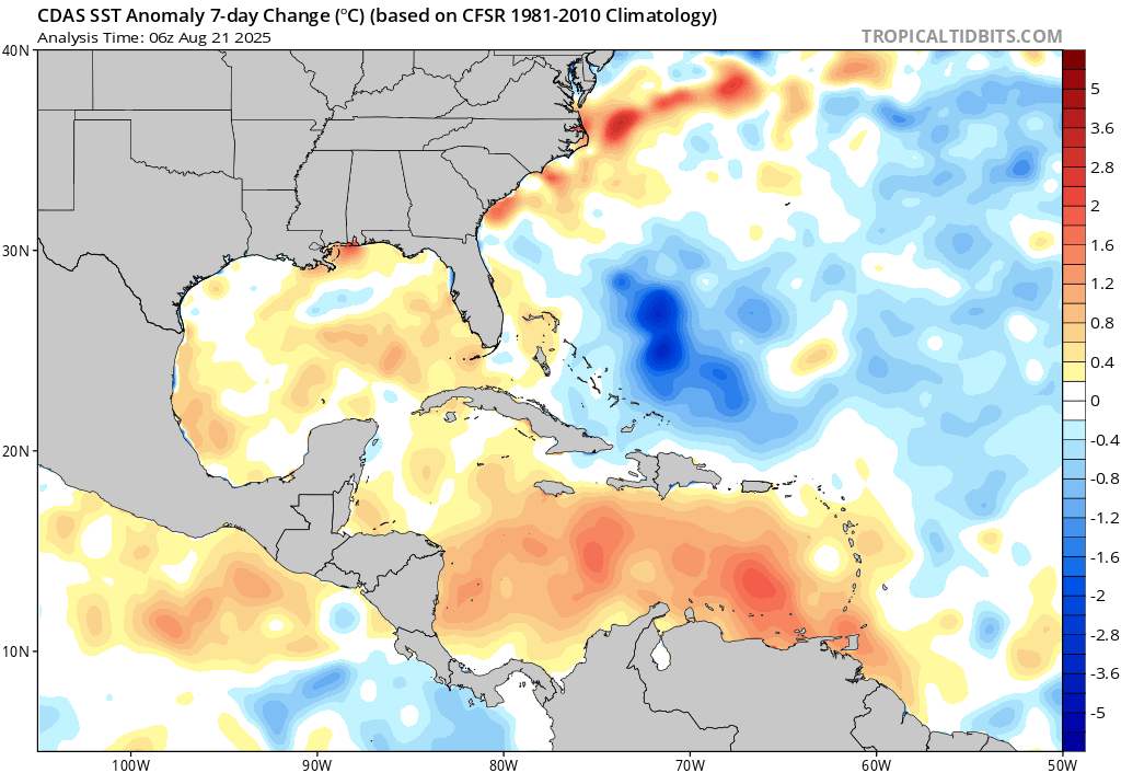 Petagna's tweet image. A significant drop in SST in parts of the tropical Atlantic last 7 days

The churning effect of #HurricaneErin a likely contributor as cold sub surface waters are forced to upwell