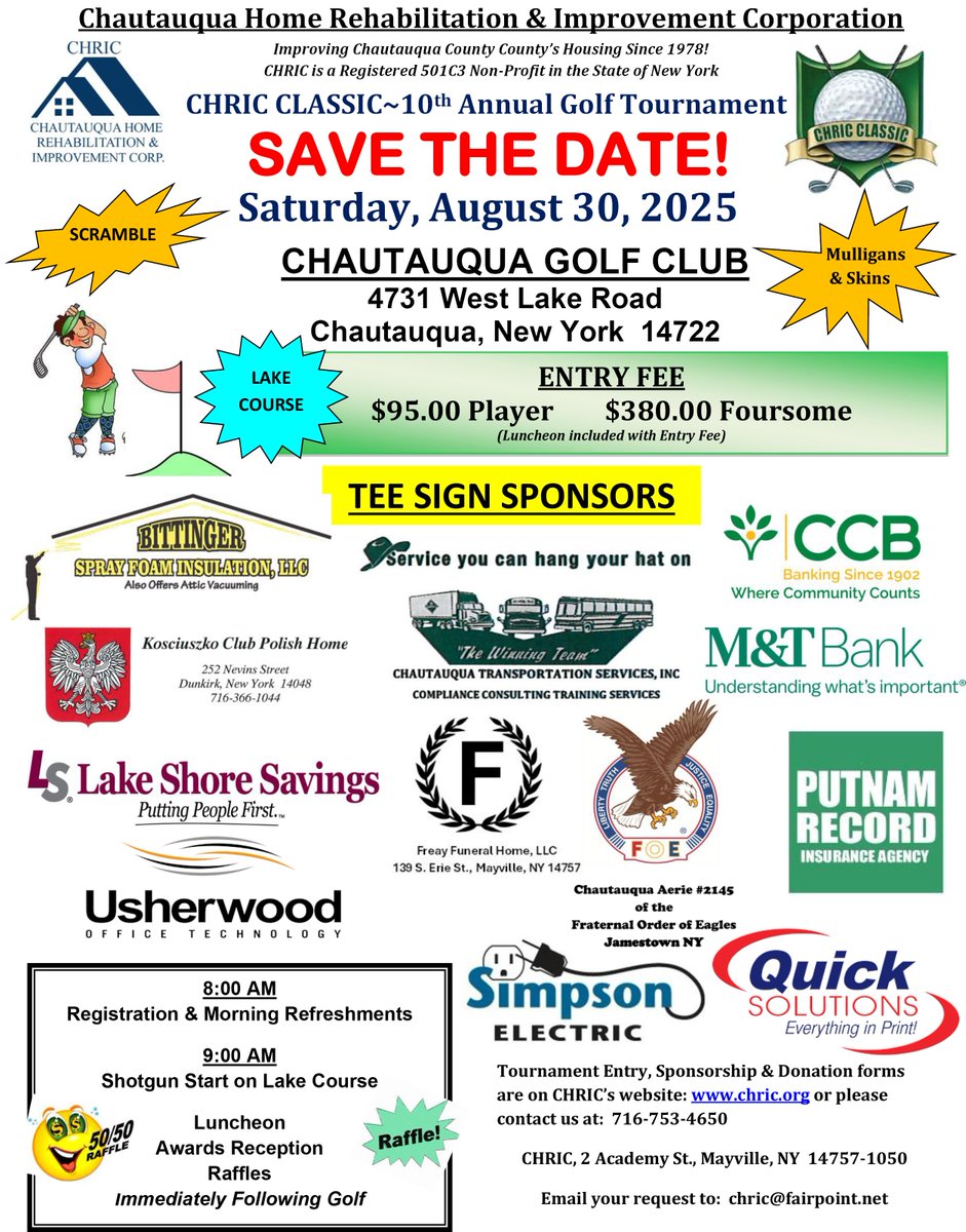 Labor Day Weekend! Registration still open for the 10th Annual CHRIC Classic Golf Tournament-Saturday, August 30, 2025 Chautauqua Lake Golf Club #CHQ more info at:  chric.org/index.php/fund… #Chautauqua #golf   or call 716-753-4650 to register a Team!