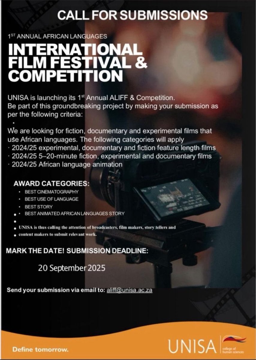 LenkaBula's tweet photo. Let’s plug all film makers and cinematographers interested to note the following @unisa competition. Best wishes you all. https://t.co/RODle7eOcB