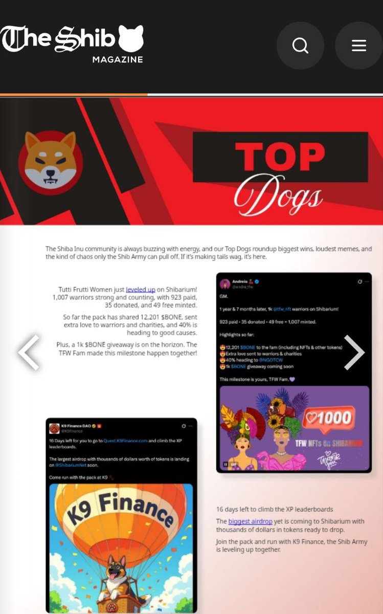 CryptoQueen (@queen1crypto) on Twitter photo Congrats to <a href="/K9finance/">K9 Finance DAO</a> and <a href="/tfw_nft/">Tutti Frutti Women | on ETH & SHIBARIUM</a> for being featured in <a href="/TheShibmagazine/">The Shib</a>’s Top Dogs section! 🐾
Two great projects on Shibarium, always going above & beyond! Be sure to check them out. 📰 Congrats to <a href="/K9finance/">K9 Finance DAO</a> and <a href="/tfw_nft/">Tutti Frutti Women | on ETH & SHIBARIUM</a> for being featured in <a href="/TheShibmagazine/">The Shib</a>’s Top Dogs section! 🐾
Two great projects on Shibarium, always going above & beyond! Be sure to check them out. 📰