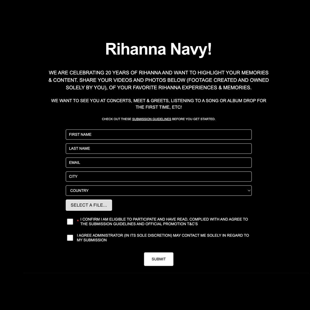NAVY! ⚓️ <a href="/rihanna/">Rihanna</a>’s team is celebrating the 20th anniversary of her debut album, coming up on August 29th ☀️

Send your videos and photos of your favorite Rih experiences &amp; memories (concerts, meet &amp; greets, first listen of a song or album, etc.) at the link below!