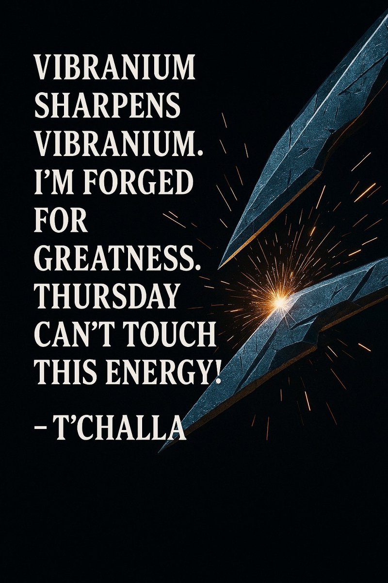"Vibranium sharpens Vibranium ⚡️💎. I’m forged for greatness 🔥🏆. Thursday can’t touch this energy 🚀🛡️✊!"
 #MindsetMatters #riseandgrind #DisciplineEqualsFreedom  #Sports #MotivationDaily #LevelUp #thursdayvibes