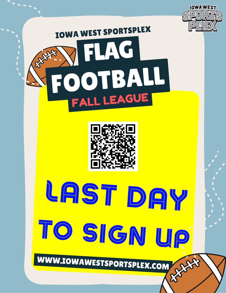 🚨 LAST DAY TO REGISTER! 🚨
Don’t miss your chance to play Flag Football this season! 🏈
Today is the FINAL day to get signed up.