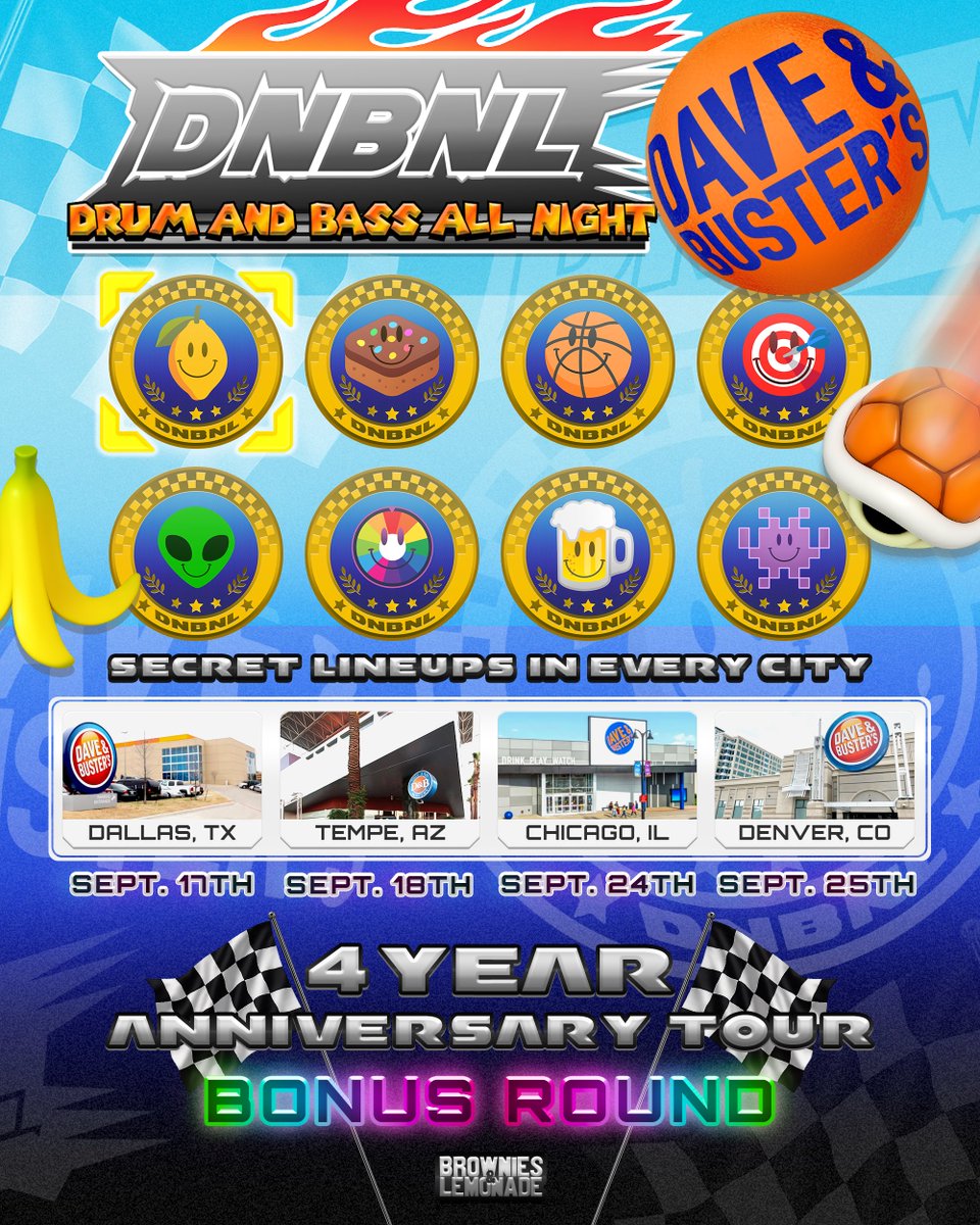 Announcing DNBNL x Dave &amp; Buster’s Tour - Bonus Round
4 more cities
Full D&amp;B takeovers
Secret guests all night

Dallas - 9.17
Tempe - 9.18
Chicago - 9.24
Denver - 9.25

Presale: Wed 8.27 at 10am local time
On sale: Thur 8.28 at 10am local time
Presale/tix: shorturl.at/FHWjH