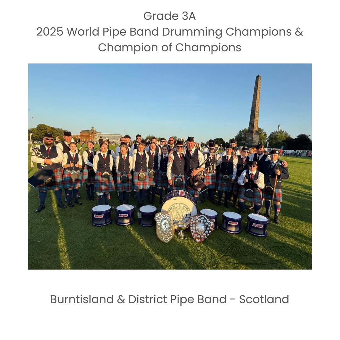 2025 World Pipe Band Championships!

Congratulations to 'Burntisland &amp; District Pipe Band' - Scotland , crowned Grade 3A World Pipe Band Champions at last Saturdays event held in Glasgow Green. ⁠The band also claimed the Champion of Champions drum corps title. 

⁠
