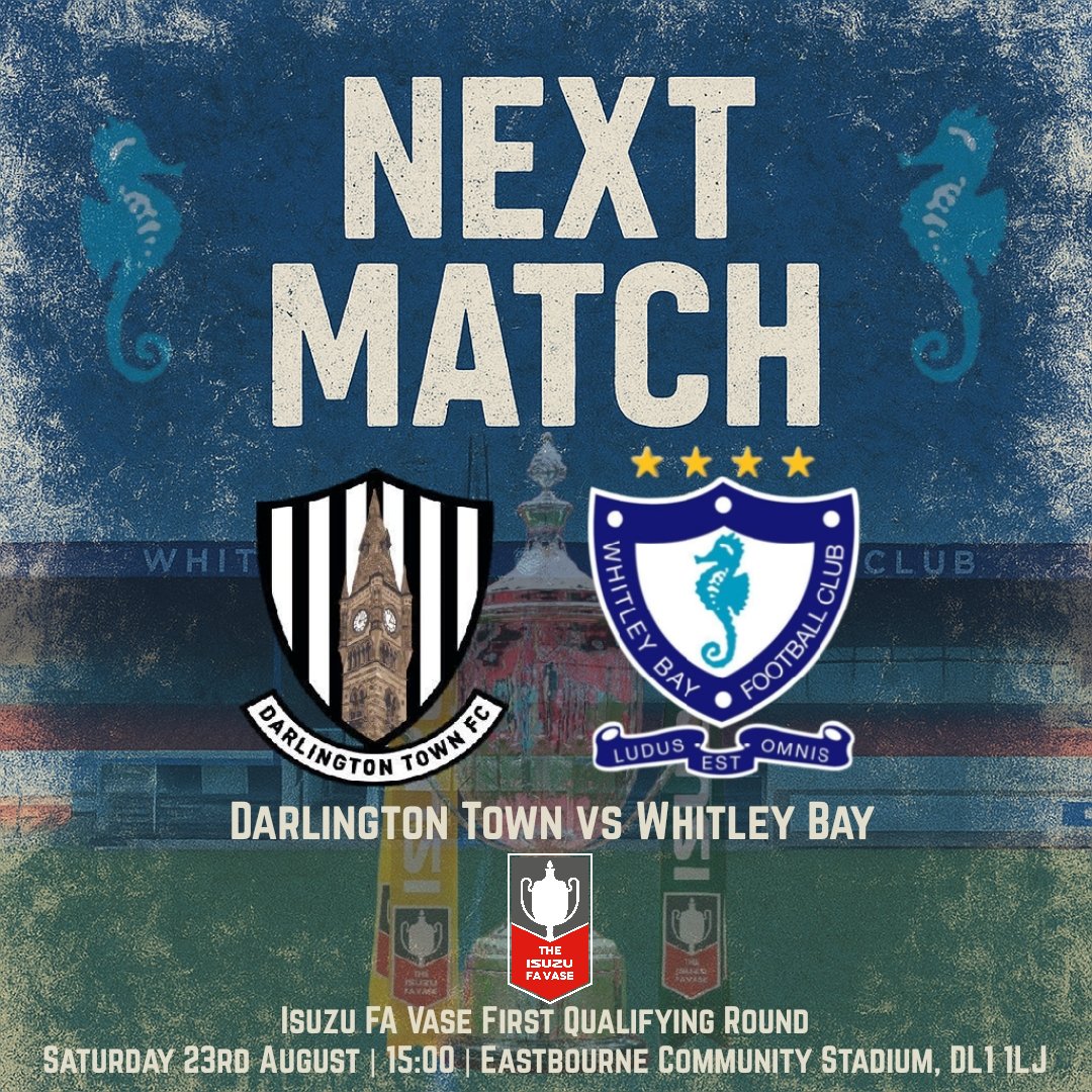 Whitley Bay FC (@whitleybayfc) on Twitter photo π‘ππ«π§ π¨π£ | Our FA Vase campaign gets underway on Saturday and we travel to second division side <a href="/DarloTownFC/">Darlington Town FC</a> in the first qualifying round.
Hope you can make it there to cheer on the Lads
π Darlington Town
π Isuzu FA Vase - First Qualifying Round
ποΈ Saturday 23rd August π‘ππ«π§ π¨π£ | Our FA Vase campaign gets underway on Saturday and we travel to second division side <a href="/DarloTownFC/">Darlington Town FC</a> in the first qualifying round.
Hope you can make it there to cheer on the Lads
π Darlington Town
π Isuzu FA Vase - First Qualifying Round
ποΈ Saturday 23rd August
