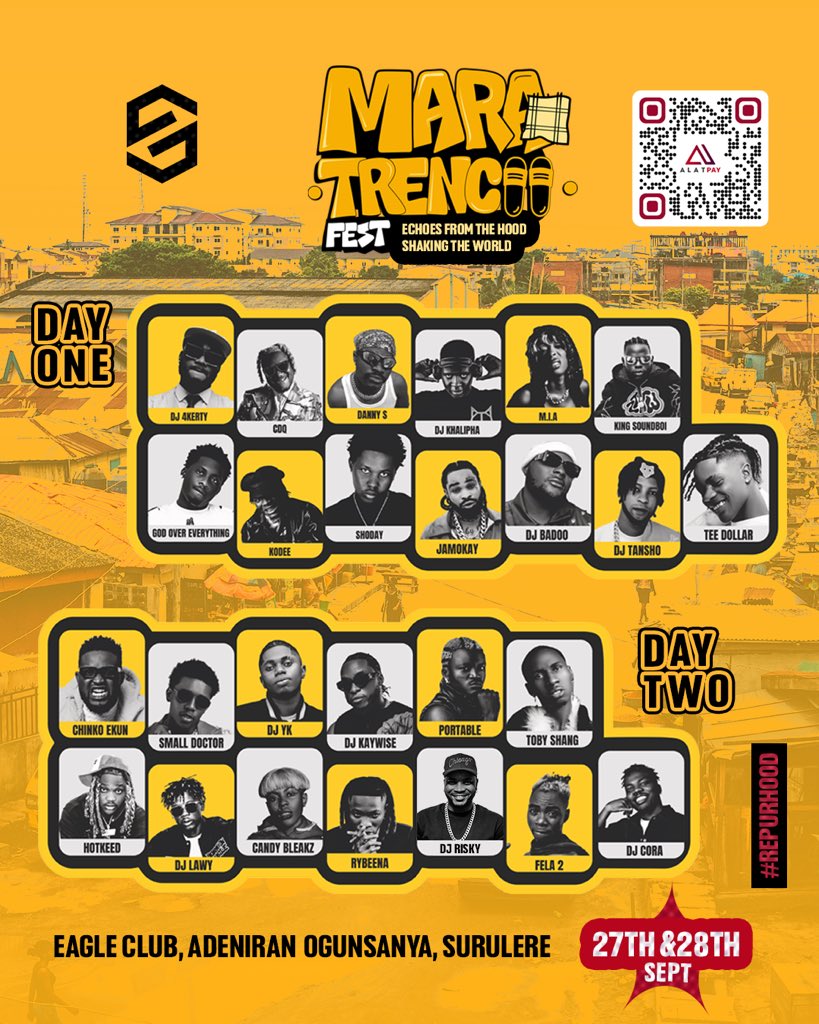 Lagos, get ready! 🚨🔥 Mara Trench Fest 2025 is bringing correct banger! It’s going to be non-stop performances from your faves! 🎶💯

You no fit miss am!

📅 27th &amp; 28th Sept
📍 Eagle Club, Surulere

#MaraTrenchFest #RepUrHood