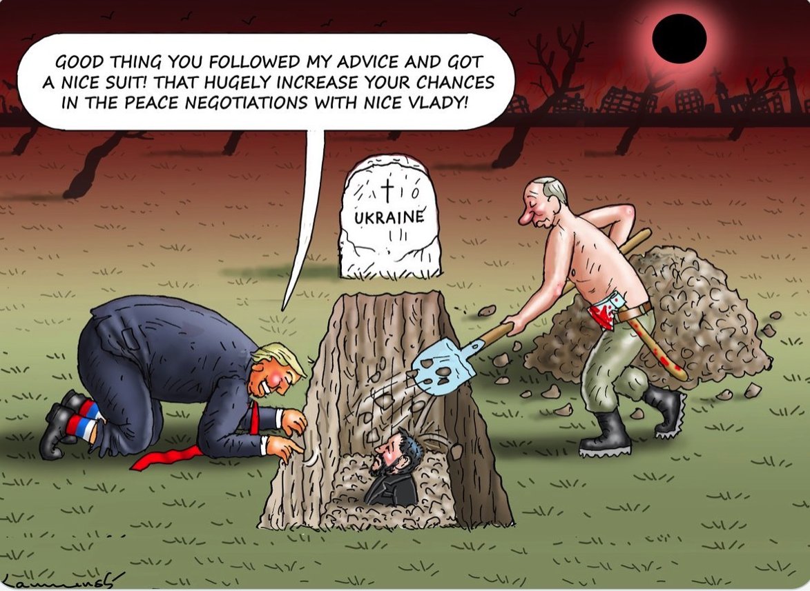 Marian Kamensky et la farce tragique qui s'est jouée à Washington⬇️
"C’est bien que tu aies suivi mon conseil de mettre un costume ! Ça augmente énormément tes chances dans les négociations de paix avec le gentil Vlad !"