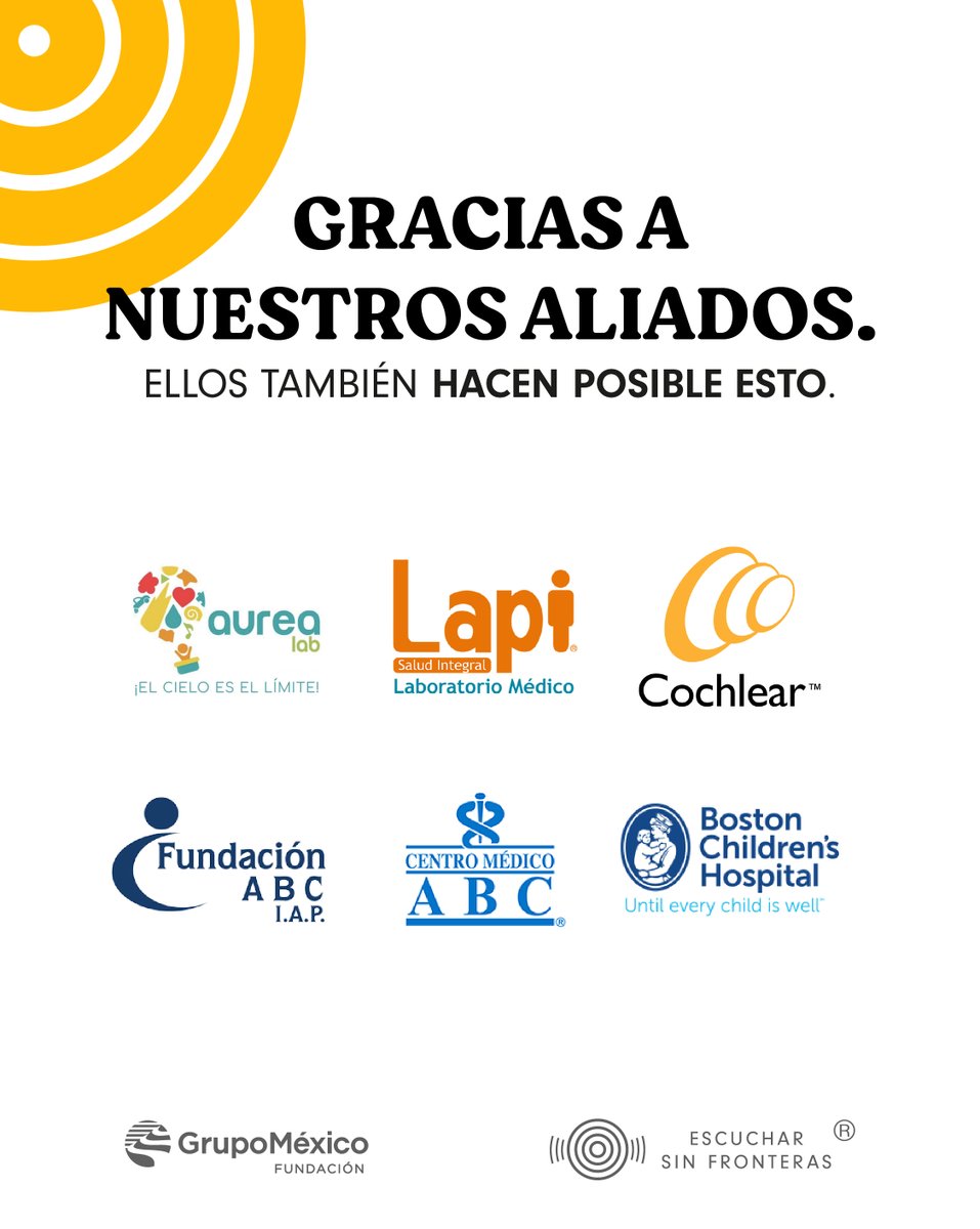 Gracias a todos los otorrinolaringólogos, audiólogas, terapeutas, a todo el equipo multidisciplinario y aliados que son parte de Escuchar Sin Fronteras.

#FGM #HipoacusiaInfantil #ImplanteCoclear #GrupoMéxico <a href="/FundacionGM/">FundaciónGrupoMéxico</a> <a href="/GMexico_oficial/">Grupo México</a>