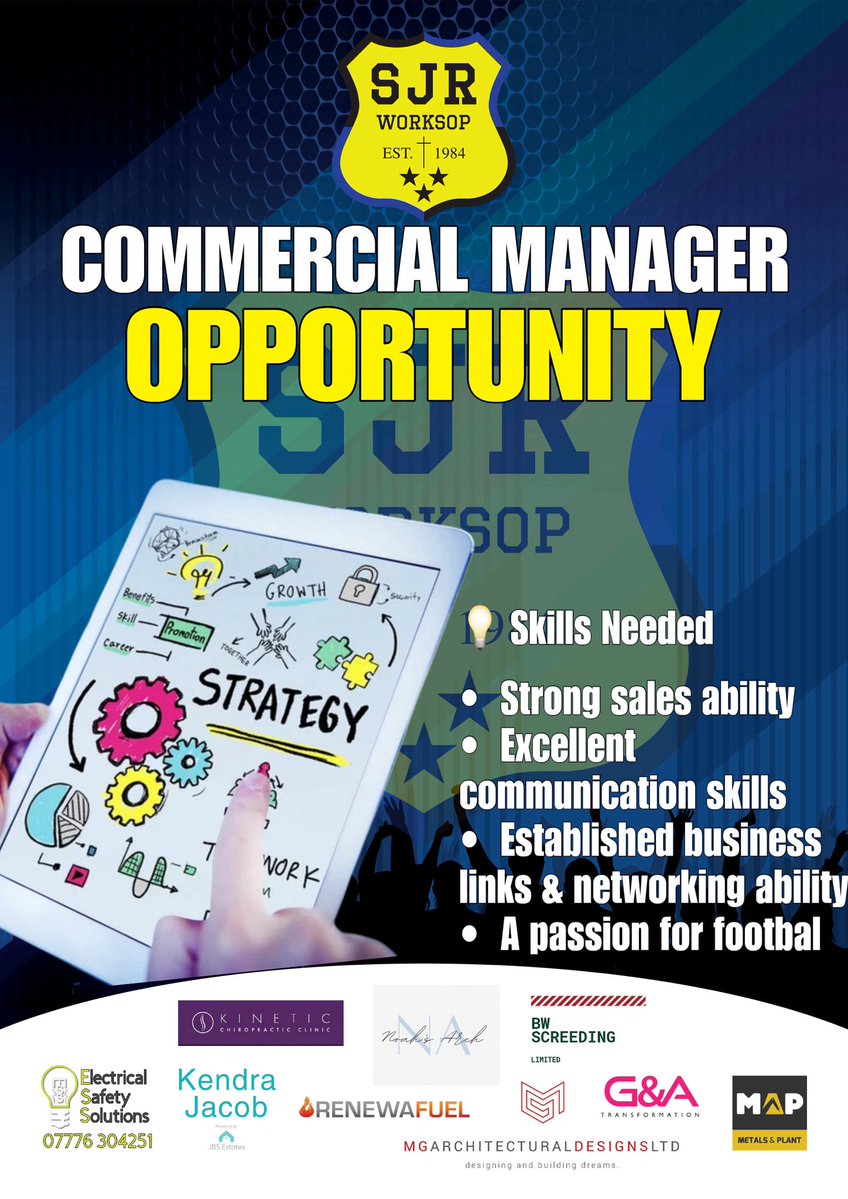 SJR WORKSOP FC (@sjrworksopfc) on Twitter photo ๐ข JOB VACANCY โ COMMERCIAL MANAGER
Join SJR Worksop, the biggest club in Sheffield & Hallamshire โฝ๏ธ
๐น Commission-based
๐น Huge social media reach
๐น 46+ teams (U7โO35s)
Role: grow revenue, secure sponsors, bring fresh ideas.
๐ฉ Email to apply
sjrworksop@gmail.com ๐ข JOB VACANCY โ COMMERCIAL MANAGER
Join SJR Worksop, the biggest club in Sheffield & Hallamshire โฝ๏ธ
๐น Commission-based
๐น Huge social media reach
๐น 46+ teams (U7โO35s)
Role: grow revenue, secure sponsors, bring fresh ideas.
๐ฉ Email to apply
sjrworksop@gmail.com
