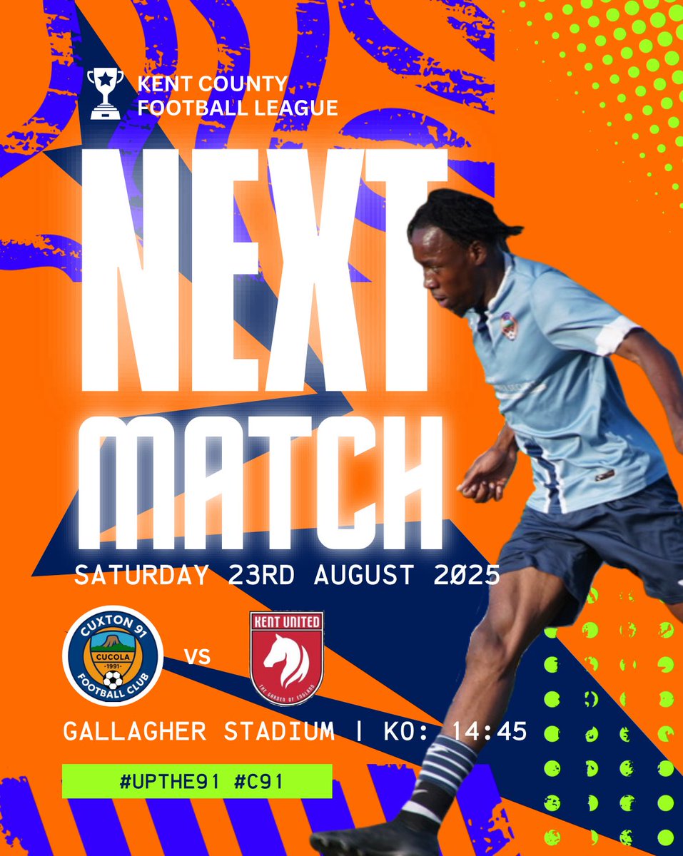 🏟️ Matchday Alert!

This Saturday we’re back at the Gallagher Stadium as we face <a href="/kentunitedfc/">Kent United</a> ⚽

📍 GALLAGHER STADIUM, ME14 1LQ
⏰ KICK OFF: 14:45
🎟️ Entry: £5 // FREE U16's // £3 SEASON TICKET HOLDERS
🍔🍺 AVAILABLE

<a href="/NonLeagueCrowd/">Non League Crowds</a> <a href="/KCFL1516/">Kent County FL News</a> 

#Football #UPTHE91 #C91