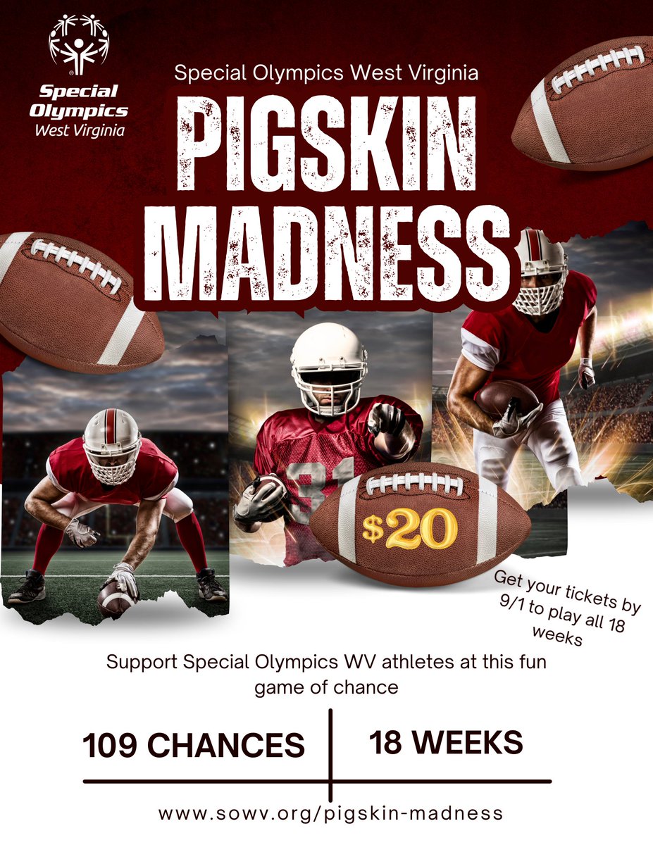 It's the most favorite time of the year ---- #SOWVPigskinMadness (and FOOTBALL) 🏈

Get your tickets now so you don't miss out on all 18 weeks of fun and chances to WIN 💲 and support over 4,000 SOWV athletes 

sowv.org/pigskin-madness or see any SOWV staff or board member