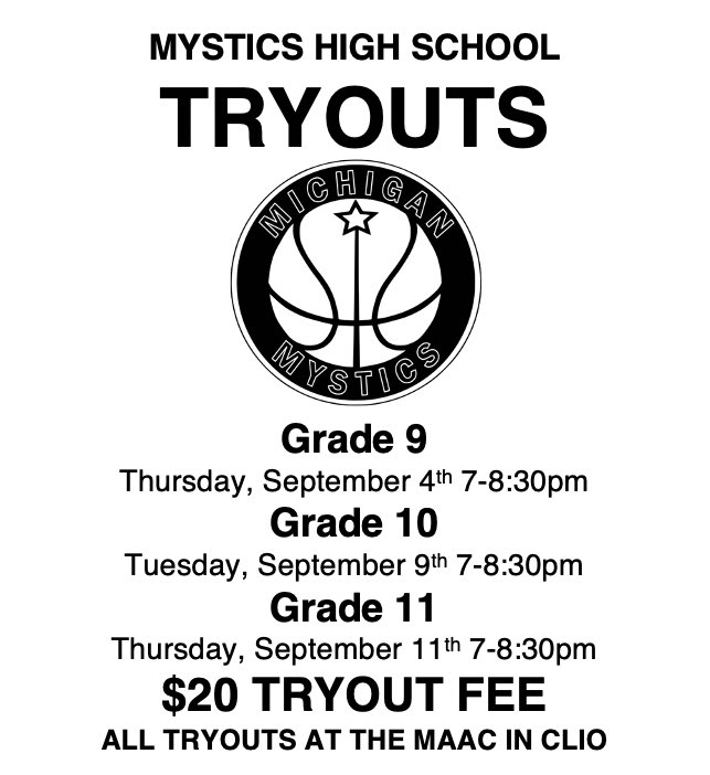 High school tryouts. Register here. michiganmystics.leagueapps.com/events/4724579…