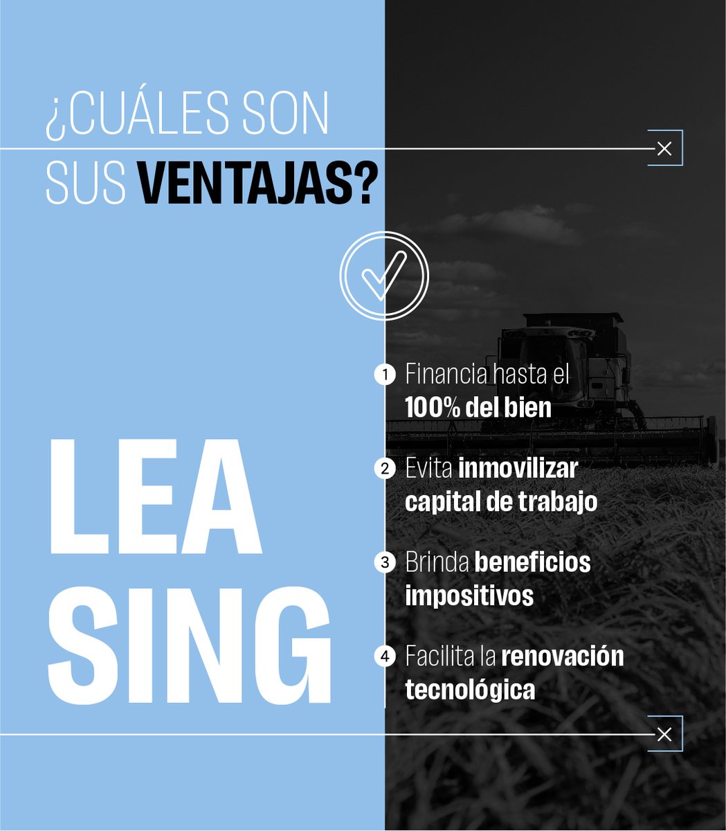 El #Leasing es una herramienta de financiamiento clave para potenciar las inversiones productivas. Tiene beneficios impositivos y permite acceder a equipamiento sin necesidad de garantías adicionales al bien adquirido.

Conocé todos los detalles acá: bit.ly/3UZfaaV