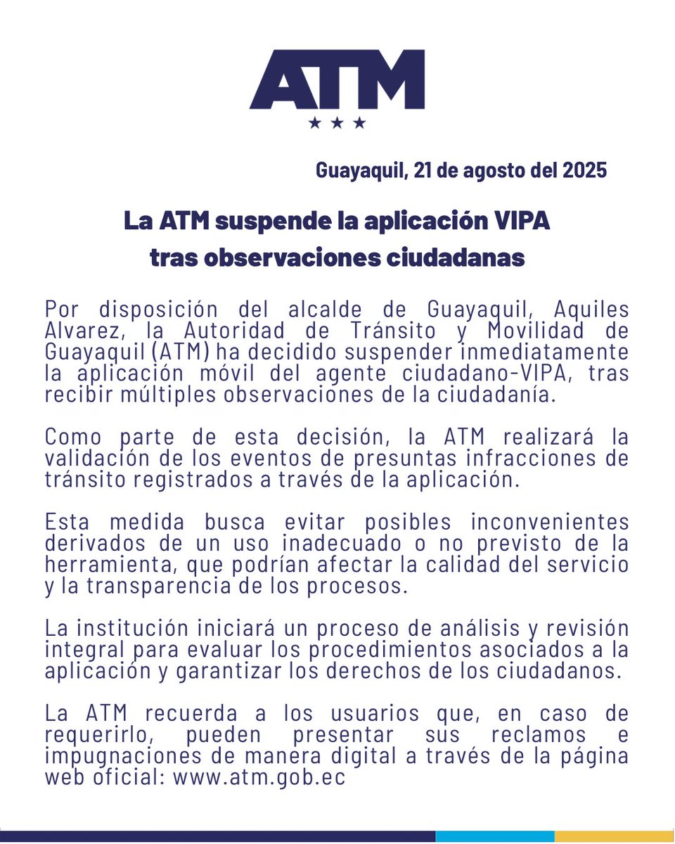 La ATM suspende la aplicación VIPA tras observaciones ciudadanas.