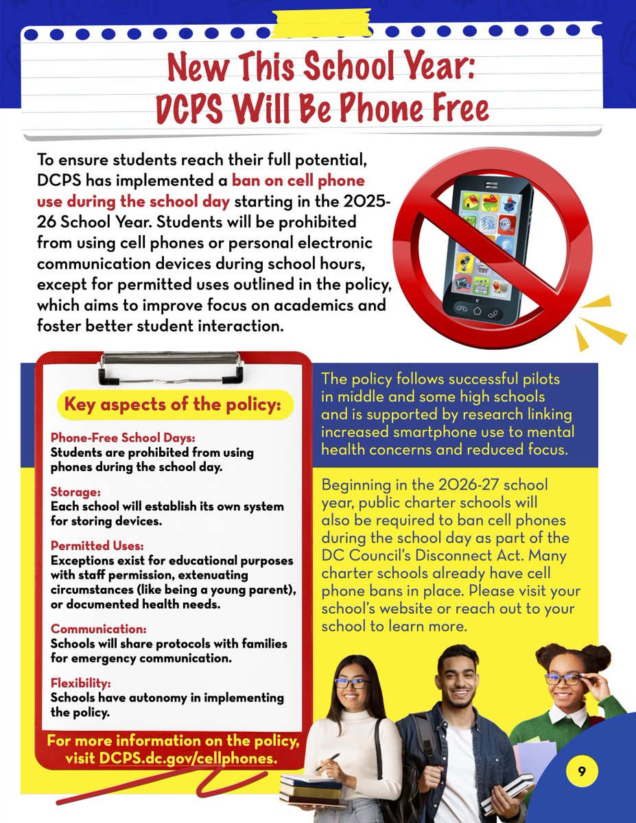 DC Public Schools will be phone-free this year.

Here's what that means:

🚇Phones are allowed for commuting
👩🏾‍🏫Each school will establish its own storage system
📈New policy will boost focus, student interactions, and mental health

Learn more: dcps.dc.gov/cellphones