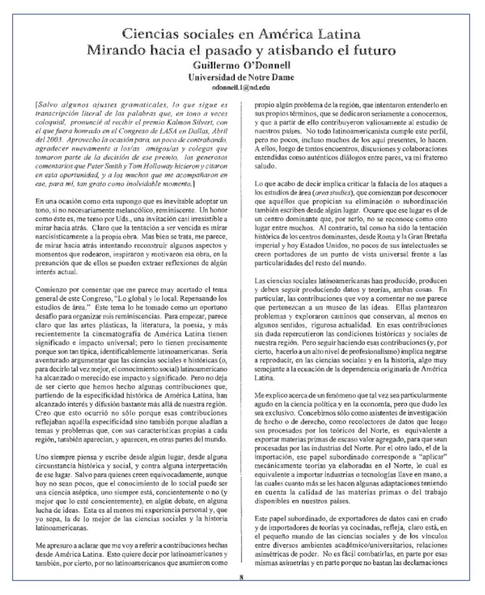 Ciencias Sociales en América Latina

En el 2003 Guillermo O’Donnell ofreció un breve resumen de los grandes debates y aportes de las Ciencias Sociales en América Latina desde 1950.

Sería útil tener algo similar sobre el siglo XXI.

Descarga libre: forum.lasaweb.org/cmsb/uploads/l…