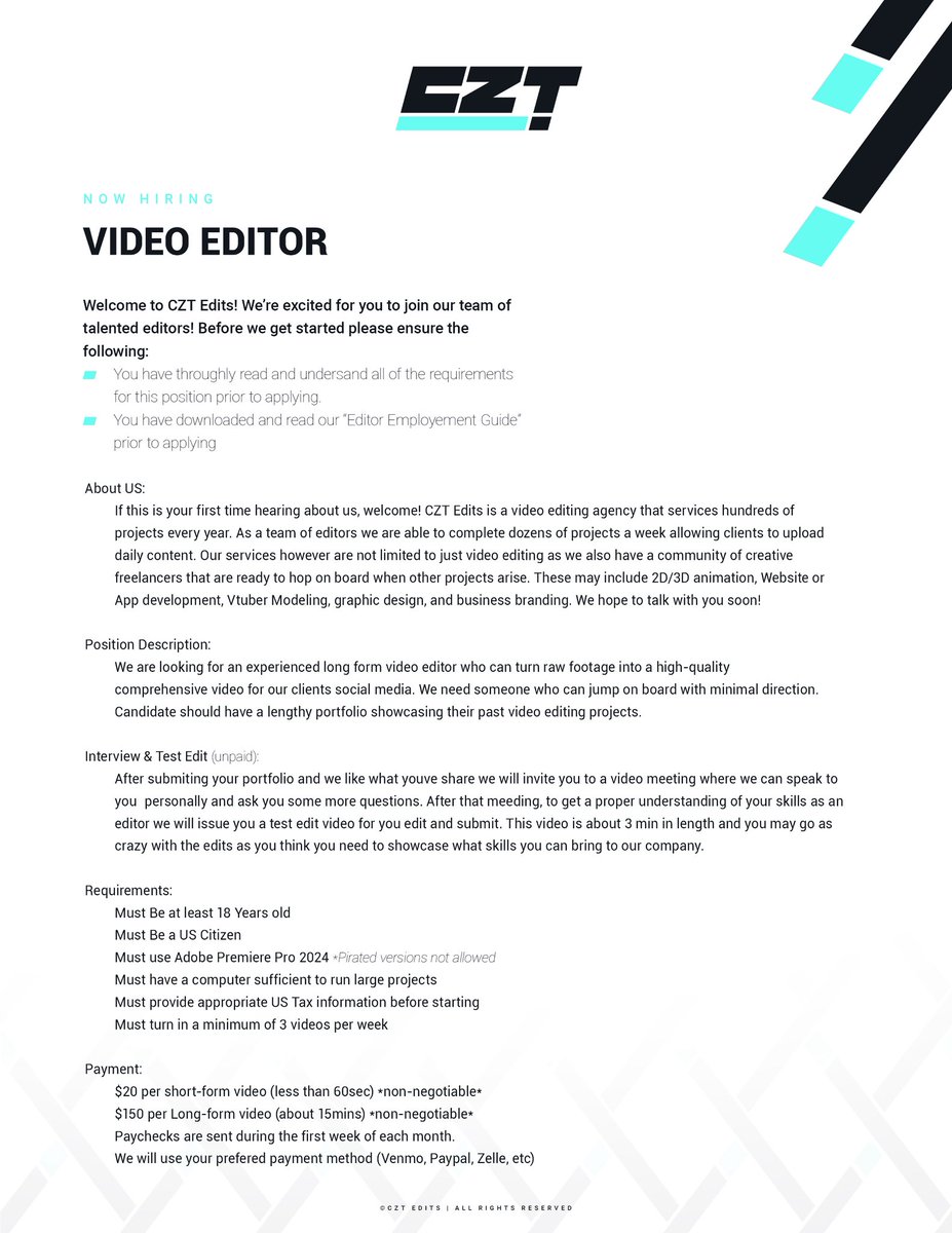 CZT_Edits's tweet photo. *HIRING* Looking for a qualified Video Editor [USA ONLY] #VideoEditing https://t.co/ofGs4cvwYQ
