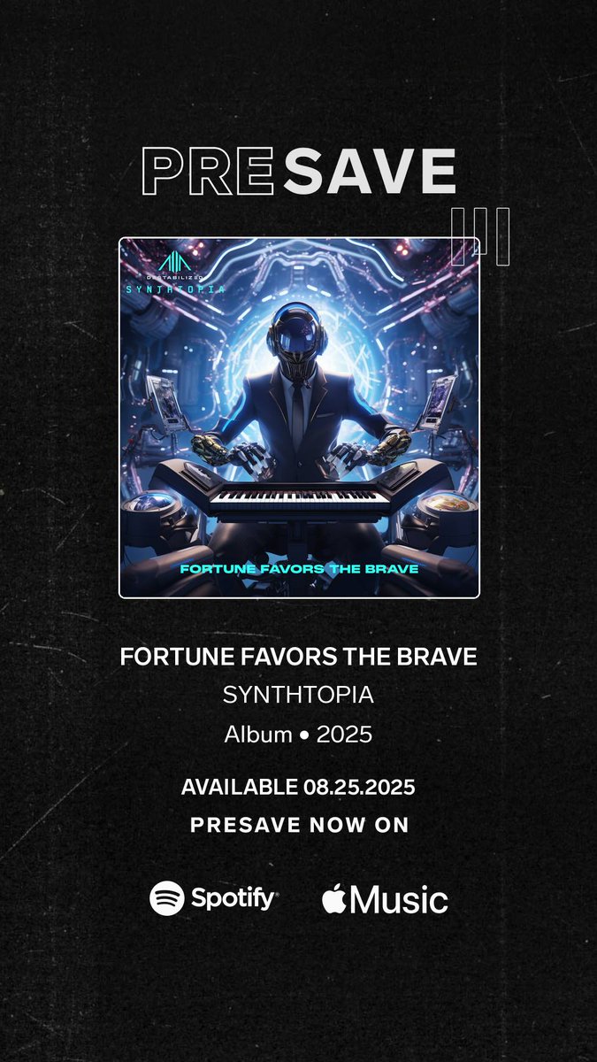 🚨 THE WAIT IS OVER 🚨

⏳ 4 DAYS COUNTDOWN ⚡️

SYNTHTOPIA — FORTUNE FAVORS THE BRAVE ft. SYNTHFAM

⚡️ Dropping AUGUST 25 across 50+ streaming services in 180+ countries.

🎧 Pre-save now:
unitedmasters.com/m/fortune-favo…

⸻

🚀🎶 High-five to the fearless creators who just turned the