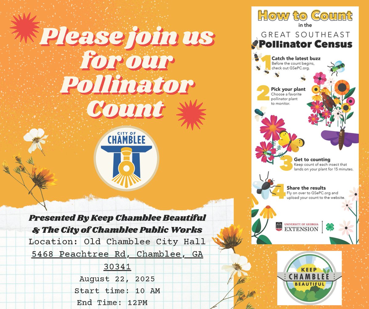 Please join Keep Chamblee Beautiful and Chamblee Public Works for the Pollinator Count!

Friday, August 22, 2025
10:00 a.m. -12:00 p.m.
 Old Chamblee City Hall, 5468 Peachtree Rd