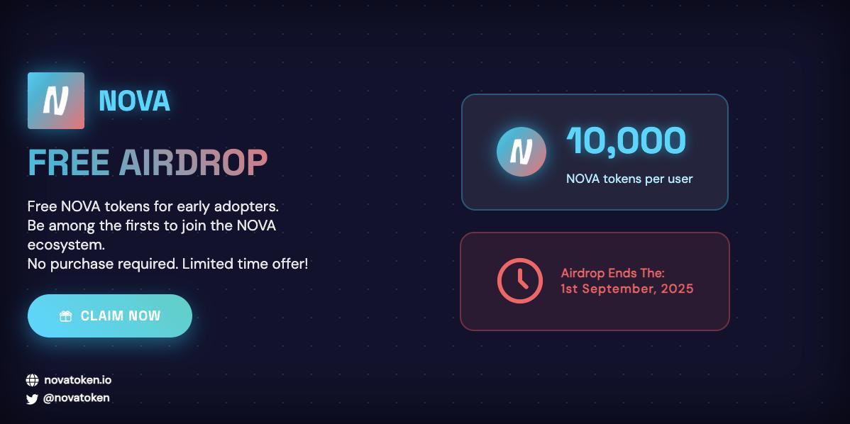 GetNovaToken's tweet photo. 🚀 Claim 10,000 $NOVT FREE now!
🎁 100M tokens up for grabs — one per user.
🔗 https://t.co/4YMP8qhIjg
⏳ Limited time only!

#NovaToken #CryptoAirdrop #Blockchain #Web3 https://t.co/Af3X4EQkv0