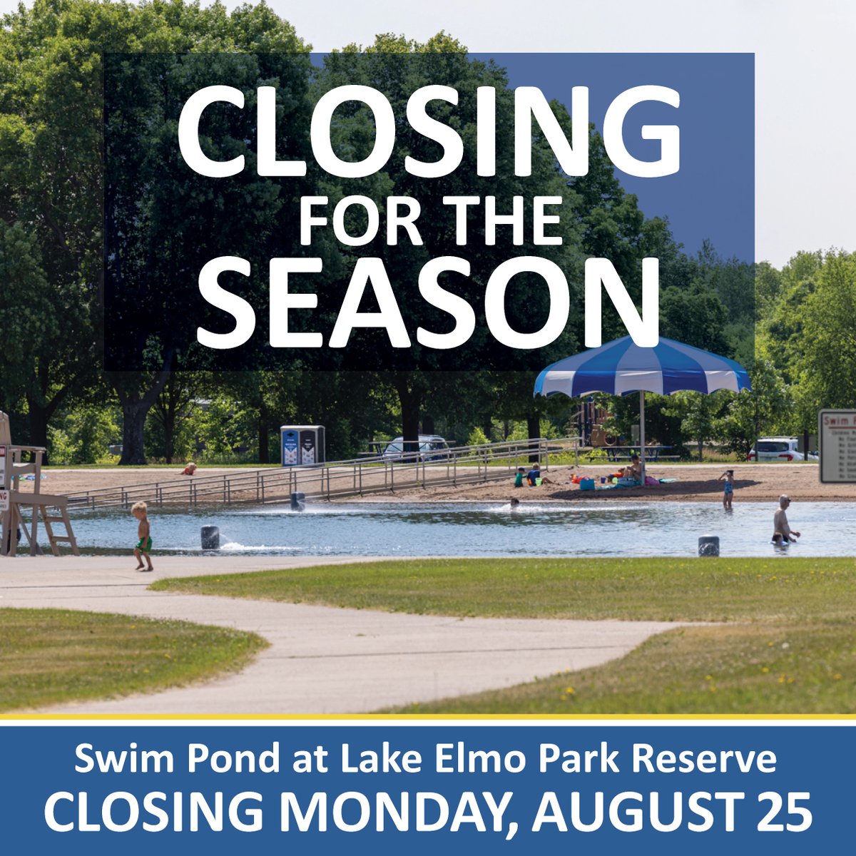 The Swim Pond at Lake Elmo Park Reserve will be closed for the season on Monday, August 25. The last day to swim will be Sunday, August 24. After the swim pond closes, it will be drained for seasonal maintenance. Soak up these last few days to enjoy the swim pond this year!