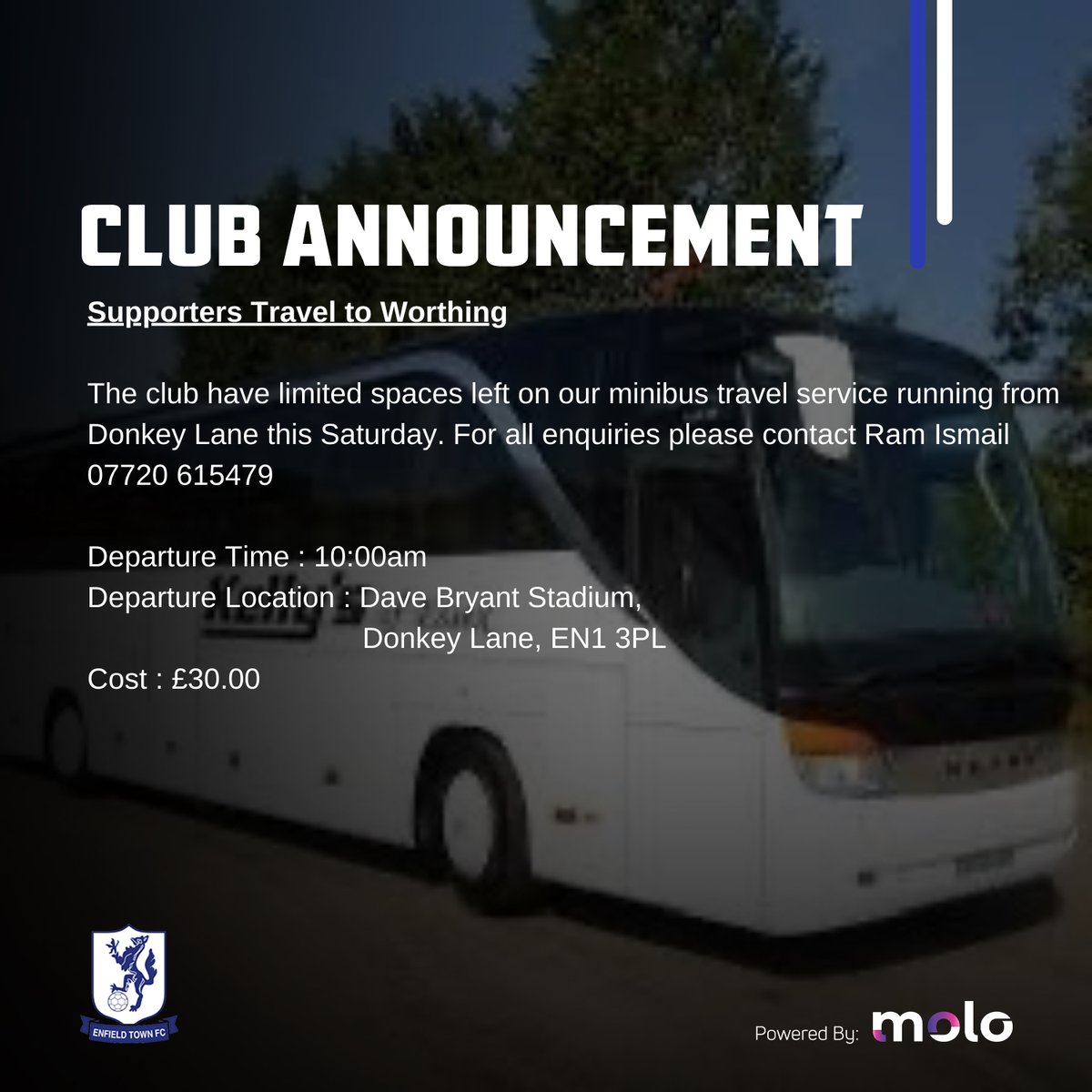 🚌 Get in touch to book your place on the bus for this Saturdays match against Worthing FC