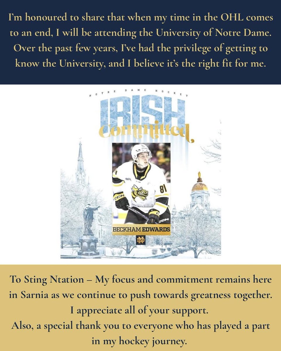 🚨BREAKING🚨

2008-born 4⭐️ forward Beckham Edwards has committed to the University of Notre Dame following the end of his OHL career! 

The Sarnia Sting forward is coming off an impressive rookie campaign and is expected to be a high pick in the 2026 NHL Draft.
