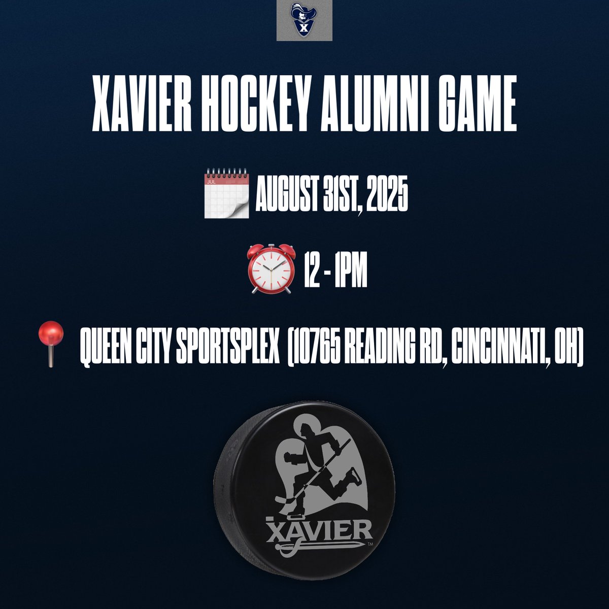 🚨 Upcoming for Xavier Hockey! 🚨
Musketeer Masters Golf Outing — Aug. 30th
• $100 per person - teams of 4
• Includes lunch, drinks, raffle + more!
👉 Sign up here: forms.gle/6Az5m3ZG3Lautf…
 Alumni Game — Aug. 31st
Hit the ice with this year's team &amp; reconnect with old friends!