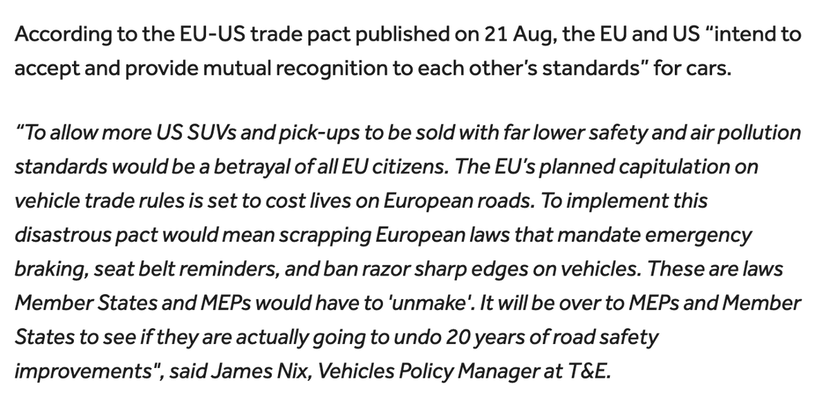 Dave Keating (@davekeating) on Twitter photo As part of VDL's trade surrender to Trump, the EU has promised to lower its vehicle safety & pollution standards.
NGO @TransEnv calls it a "betrayal of all EU citizens" forcing "monster ๐บ๐ธpick-up trucks" into Europe that will increase pedestrian deaths.
transportenvironment.org/articles/eu-caโฆ As part of VDL's trade surrender to Trump, the EU has promised to lower its vehicle safety & pollution standards.
NGO @TransEnv calls it a "betrayal of all EU citizens" forcing "monster ๐บ๐ธpick-up trucks" into Europe that will increase pedestrian deaths.
transportenvironment.org/articles/eu-caโฆ