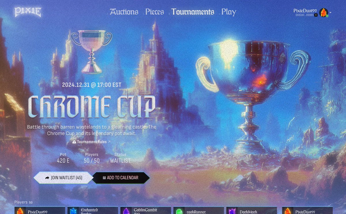 Joshua (@joshqharris) on Twitter photo Pixie Chess Tournament design exploration. Which crypto corp wants to buy the naming rights I’m trying to do like a Roland Garros type deal. Pixie Chess Tournament design exploration. Which crypto corp wants to buy the naming rights I’m trying to do like a Roland Garros type deal.