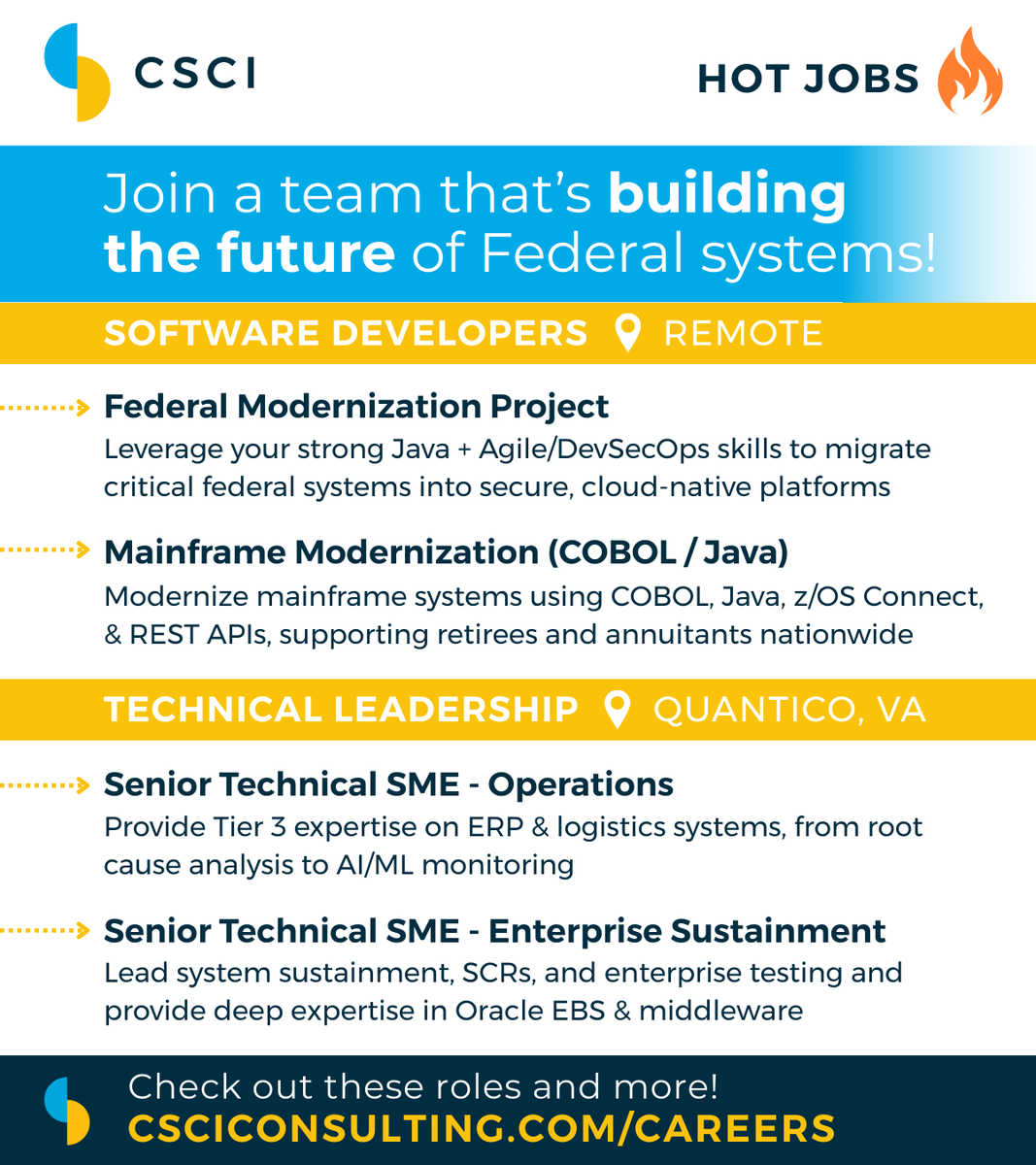 CSCIConsulting's tweet image. Check out these featured roles and all of our open positions on our job board: job-boards.greenhouse.io/csciconsulting 
#NowHiring #ClearedJobs #ClearanceJobs #GovCon #COBOL #Java #Oracle #EBS